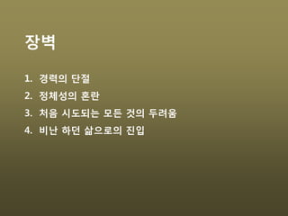 장벽
1. 경력의 단절
2. 정체성의 혼란
3. 처음 시도되는 모든 것의 두려움
4. 비난 하던 삶으로의 진입
 