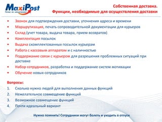 Собственная доставка.
Функции, необходимые для осуществления доставки
• Звонок для подтверждения доставки, уточнения адреса и времени
• Маршрутизация, печать сопроводительной документации для курьеров
• Склад (учет товара, выдача товара, прием возвратов)
• Комплектация посылок
• Выдача скомплектованных посылок курьерам
• Работа с кассовым аппаратом и с наличностью
• Поддержание связи с курьером для разрешения проблемных ситуаций при
доставке
• Набор сотрудников, разработка и поддержание систем мотивации
• Обучение новых сотрудников
Вопросы:
1. Сколько нужно людей для выполнения данных функций
2. Нежелательное совмещение функций
3. Возможное совмещение функций
4. Почти идеальный вариант
Нужно помнить! Сотрудники могут болеть и уходить в отпуск
 