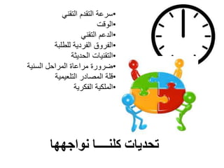 ‫نواجهها‬ ‫كلنــــا‬ ‫تحديات‬
•‫التقني‬ ‫التقدم‬ ‫سرعة‬
•‫الوقت‬
•‫التقني‬ ‫الدعم‬
•‫للطلبة‬ ‫الفردية‬ ‫الفروق‬
•‫الحديثة‬ ‫التقنيات‬
•‫السنية‬ ‫المراحل‬ ‫مراعاة‬ ‫ضرورة‬
•‫التلعيمية‬ ‫المصادر‬ ‫قلة‬
•‫الفكرية‬ ‫الملكية‬
 