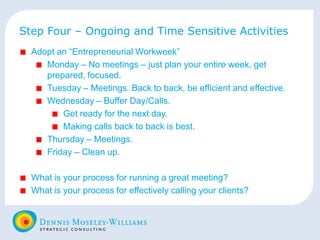 Step Four – Ongoing and Time Sensitive Activities Adopt an “Entrepreneurial Workweek” Monday – No meetings – just plan your entire week, get prepared, focused.  Tuesday – Meetings. Back to back, be efficient and effective. Wednesday – Buffer Day/Calls.  Get ready for the next day. Making calls back to back is best. Thursday – Meetings. Friday – Clean up. What is your process for running a great meeting? What is your process for effectively calling your clients? 