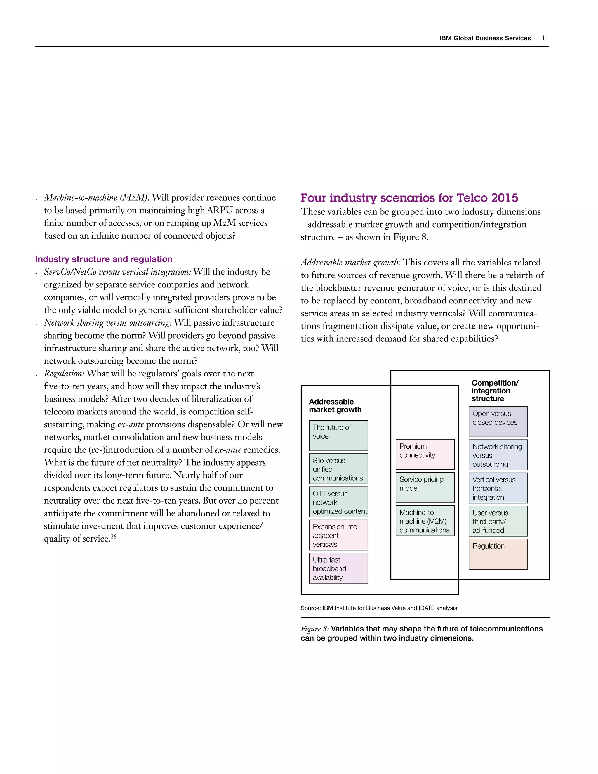 IBM Global Business Services   11




•	   Machine-to-machine (M2M): Will provider revenues continue         Four industry scenarios for Telco 2015
     to be based primarily on maintaining high ARPU across a           These variables can be grouped into two industry dimensions
     finite number of accesses, or on ramping up M2M services          – addressable market growth and competition/integration
     based on an infinite number of connected objects?                 structure – as shown in Figure 8.

Industry structure and regulation                                      Addressable market growth: This covers all the variables related
•	   ServCo/NetCo versus vertical integration: Will the industry be    to future sources of revenue growth. Will there be a rebirth of
     organized by separate service companies and network               the blockbuster revenue generator of voice, or is this destined
     companies, or will vertically integrated providers prove to be    to be replaced by content, broadband connectivity and new
     the only viable model to generate sufficient shareholder value?   service areas in selected industry verticals? Will communica-
•	   Network sharing versus outsourcing: Will passive infrastructure   tions fragmentation dissipate value, or create new opportuni-
     sharing become the norm? Will providers go beyond passive         ties with increased demand for shared capabilities?
     infrastructure sharing and share the active network, too? Will
     network outsourcing become the norm?
•	   Regulation: What will be regulators’ goals over the next
     five-to-ten years, and how will they impact the industry’s                                                                       Competition/
                                                                                                                                      integration
     business models? After two decades of liberalization of              Addressable                                                 structure
     telecom markets around the world, is competition self-               market growth                                               Open versus
     sustaining, making ex-ante provisions dispensable? Or will new                                                                   closed devices
                                                                           The future of
     networks, market consolidation and new business models                voice
                                                                                                            Premium                   Network sharing
     require the (re-)introduction of a number of ex-ante remedies.
                                                                                                            connectivity              versus
     What is the future of net neutrality? The industry appears            Silo versus                                                outsourcing
                                                                           unified
     divided over its long-term future. Nearly half of our                 communications                   Service pricing           Vertical versus
     respondents expect regulators to sustain the commitment to                                             model                     horizontal
                                                                           OTT versus                                                 integration
     neutrality over the next five-to-ten years. But over 40 percent       network-
     anticipate the commitment will be abandoned or relaxed to             optimized content                Machine-to-               User versus
                                                                                                            machine (M2M)             third-party/
     stimulate investment that improves customer experience/               Expansion into                   communications            ad-funded
     quality of service.26                                                 adjacent
                                                                           verticals                                                  Regulation
                                                                           Ultra-fast
                                                                           broadband
                                                                           availability



                                                                       Source: IBM Institute for Business Value and IDATE analysis.


                                                                       Figure 8: Variables that may shape the future of telecommunications
                                                                       can be grouped within two industry dimensions.
 