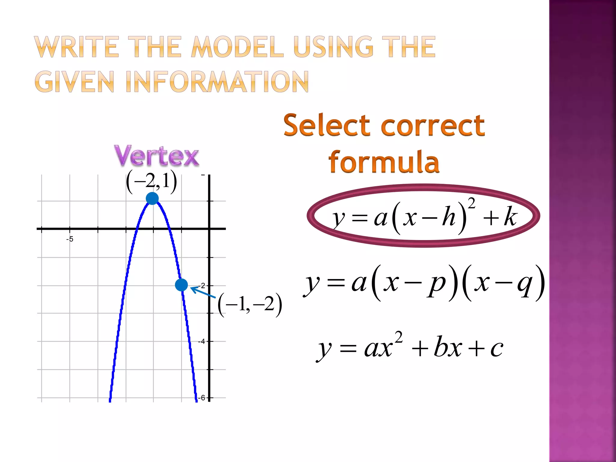 6
4
2
-2
-4
-6
-5 5
 2,1
 1, 2 
 
2
y a x h k  
  y a x p x q  
2
y ax bx c  
 