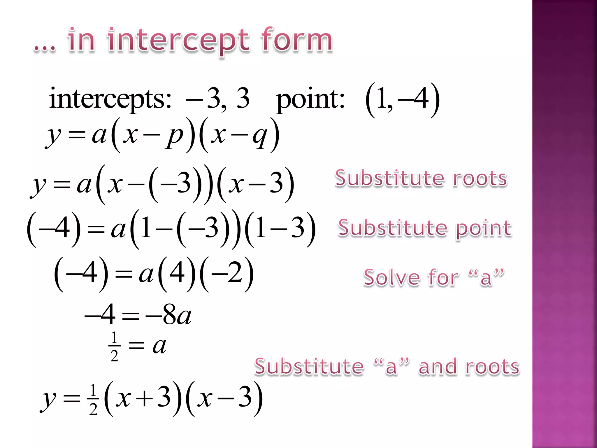   y a x p x q  
 intercepts: 3, 3 point: 1, 4 
   3 3y a x x   
     4 1 3 1 3a    
    4 4 2a  
4 8a  
1
2 a
  1
2 3 3y x x  
 