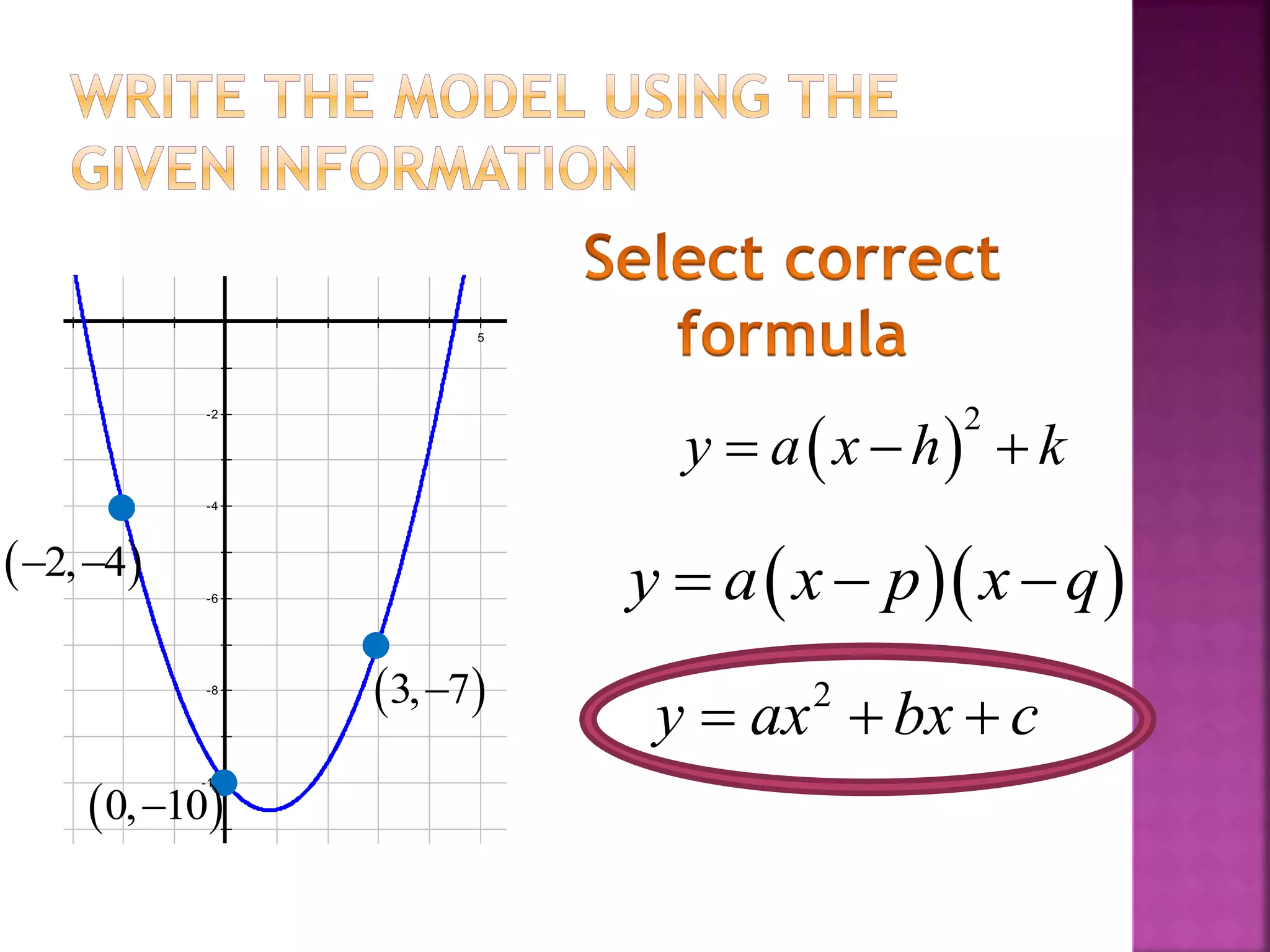 -2
-4
-6
-8
-10
5
 3, 7
 0, 10
 
2
y a x h k  
  y a x p x q  
2
y ax bx c  
 2, 4 
 