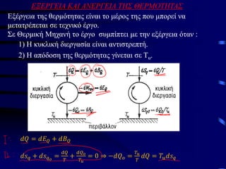 ΕΞΕΡΓΕΙΑ KAI ΑΝΕΡΓΕΙΑ ΤΗΣ ΘΕΡΜΟΤΗΤΑΣ
Εξέργεια της θερμότητας είναι το μέρος της που μπορεί να
μετατρέπεται σε τεχνικό έργο.
Σε Θερμική Μηχανή το έργο συμπίπτει με την εξέργεια όταν :
1) Η κυκλική διεργασία είναι αντιστρεπτή.
2) Η απόδοση της θερμότητας γίνεται σε Τu.
𝑑𝑄 = 𝑑𝐸𝑄 + 𝑑𝐵𝑄
𝑑𝑠𝑞 + 𝑑𝑠𝑞𝑜
=
𝑑𝑄
𝑇
+
𝑑𝑄𝑜
𝑇𝑢
= 0 ⇒ −𝑑𝑄𝑜 =
𝑇𝑢
𝑇
𝑑𝑄 = 𝑇𝑢𝑑𝑠𝑞
 