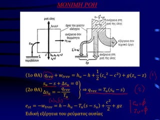ΜΟΝΙΜΗ ΡΟΗ
1𝜊 ΘΑ 𝑞𝑟𝑒𝑣 + 𝑤𝑡𝑟𝑒𝑣 = ℎ𝑢 − ℎ +
1
2
𝑐𝑢
2
− 𝑐2
+ 𝑔(𝑧𝑢 − 𝑧)
(2𝜊 ΘΑ) ቑ
𝑠𝑢 − 𝑠 + Δ𝑠𝑢 = 0
Δ𝑠𝑢 = −
𝑞𝑟𝑒𝑣
𝑇𝑢
⇒ 𝑞𝑟𝑒𝑣 = 𝑇𝑢(𝑠𝑢 − 𝑠)
𝑒𝑠𝑡 = −𝑤𝑡𝑟𝑒𝑣 = ℎ − ℎ𝑢 − 𝑇𝑢 𝑠 − 𝑠𝑢 +
𝑐2
2
+ 𝑔𝑧
Ειδική εξέργεια του ρεύματος ουσίας
 