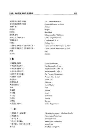 附錄:第四冊重要條目中英對照                                                 291



{革利免的傳奇故事〉          The Clement Romance
{革利免給雅各的信}          Letter 01 Clement to James
{禧年書}               Jubilees
俄利根                 Origen
哈巴谷                 Habakkuk
施利梅爾切               Schneemelcher , Whilhelm
星卓文尼土撒斯抄本           Codex Sangermanensis
查爾斯奧恩               Charlesworth, J. H.
科林士                 Collins , J. J.
科普替語諾斯底的〈彼得敢示錄〉     Coptic Gnostic Apoca砂'Pse 01 Peter
科普替語諾斯底的{保羅敢示錄}     Coptic Gnostic Apoca砂'Pse 01 Paul
約現                  Joel
耶柔米                 Jerome


十畫IJ


{倫園羅斯書}             Letter 01 Lentulus
(拿克瑪地文庫}            Nag Hammadi Li brary
{拿克瑪地抄本七}           Nag Hammadi Codex VlJ
{拿克瑪地抄本五}           Nαg    Hammadi Codex V
〈託革利免名文獻〉           The Pseudo-Clementines
{託提多名書)             Pseudo- Ti tus Epistle
埃利奧特                Elliot , J. K
埃提阿伯語               Ethiopic
殉道士游斯丁              Justin Martyr
泰爾                  Tyre
海倫娜                 Helena
烏利爾                 Uriel
特土良                 Tertullian
特格拉                 Thecla
班特斯                 Berytus
馬沙雲尼斯抄本             Codex Mazarinaeus


十一劃


{基督教西 1、神諭篇}        Christian Sibyllines / Sibylline Oracles
{教會歷史〉              Historia Ecclesiasticus
「殷示主義」              apocalypt凹的 m

「敢示性宋世觀」            apocalyptic eschatology
「敢示錄 J   (或:歐示文學)   apocalypse
麥克雷                 MacR峙，      George W.
 