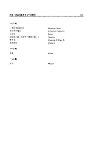 附錄:第四冊重要條目中英對照                             293



十六畫.~


{穆拉多利典目}             Maratori Canon
穆拉多利殘本               Muratorian Fragment
穌比艾                  Sobiai
諾斯底主義(或譯作「靈智主義 J )   Gnostics
默多克                  Murdock, William R
邁克爾斯                 Michaels


十吃了劃


薛拿                   Sebna


十九劃


羅底                   Rhodes
 