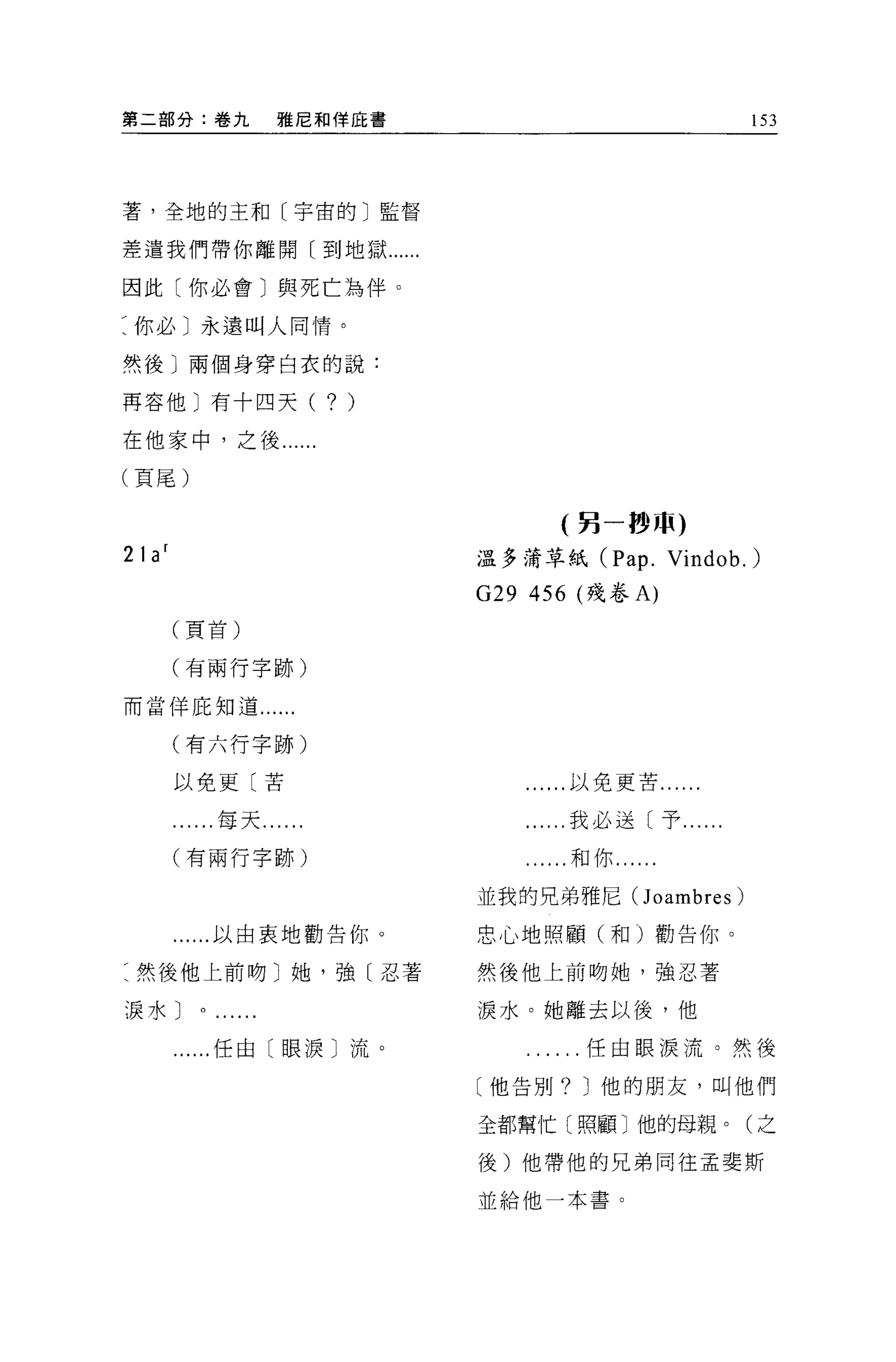 第二部分:卷九          雅尼和佯庇書                               153




著，全地的主和〔宇宙的〕監督

差遣我們帶你離開〔到地獄......

因此〔你必會〕與死亡為伴。

:你必〕永遠叫人同情。

然後〕兩個身穿白衣的說:

再容他〕有十四天(              ?)
在他家中，之後....

(頁尾)


                                  (另一砂 JP)
21 a r                      溫多蒲草紙 (Pap.        Vindob.)
                            G29 456 (殘卷 A)
         (頁首)


         (有兩行字跡)

而當佯庇知道...

         (有六行字跡)

         以免更〔苦                    ..以免更苦......

          ..每天......            ....我必送〔予...

         (有兩行字跡)                 ...和你......

                            並我的兄弟雅尼 Ooambres)

         ......以由衷地勸告你。     忠心地照顧(和)勸告你。

:然後他上前吻〕她，強〔忍著              然後他上前吻她，強忍著

淚水〕                         淚水。她離去以後，他

         ......任由〔眼淚〕流。           .. .任由眼淚流。然後
                            〔他告別? J 他的朋友，叫他們

                            全都幫忙〔照顧〕他的母親。(之

                            後)他帶他的兄弟同往孟斐斯

                            並給他一本書。
 