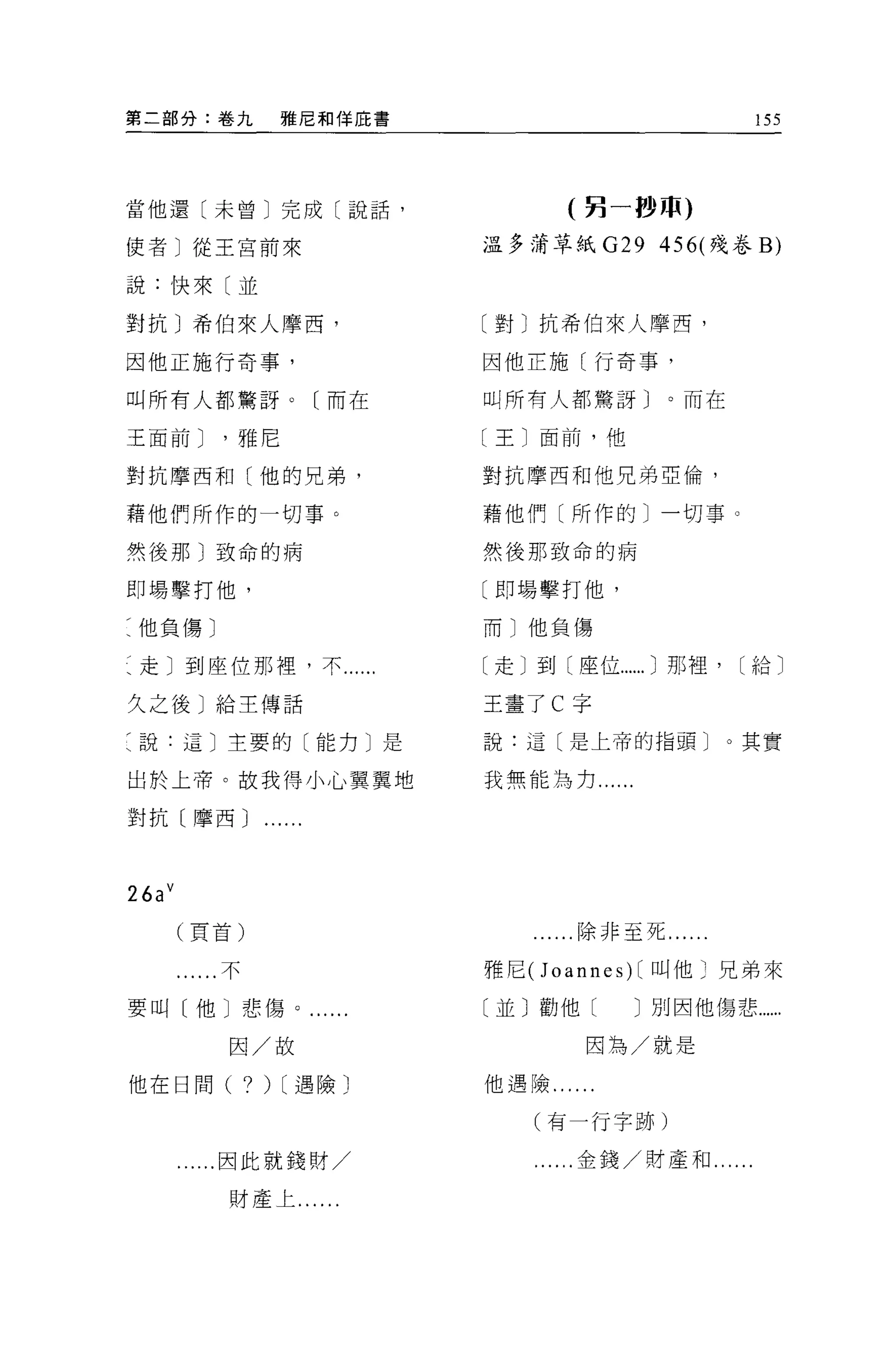 第二部分:卷九               雅尼和佯庇書                          155




當他還〔未曾〕完成〔說話，                        (另一砂'-P)

使者〕從王宮前來                       溫多蒲草紙 G29 456( 殘卷 B)

說:快來〔並

對抗〕希伯來人摩西，                     〔對〕抗希伯來人摩西，

因他正施行奇事，                       因他正施〔行奇事，

叫所有人都驚訝。〔而在                    叫所有人都驚訝〕。而在

王面前 J      '雅尼                 〔王〕面前，他

對抗摩西和〔他的兄弟，                    對抗摩西和他兄弟亞倫，

藉他們所作的一切事。                     藉他們〔所作的〕一切事。

然後那〕致命的病                       然後那致命的病

即場擊打他，                         〔即場擊打他，

:他負傷〕                          而〕他負傷

:走〕到座位那裡，不......               〔走〕到〔座位...... J 那裡，   [給〕

久之後〕給主傳話                       王畫了 C 字
:說.這〕主要的〔能力〕是                  說:這〔是上帝的指頭〕。其實

出於上帝。故我得小心翼翼地                  我無能為力...

對抗〔摩西 J           .


26a v
        (頁首)                         ..除非至死.....

         ...不                  雅尼 (J oannes) [叫他〉兄弟來

要叫〔他〕悲傷。....                   〔並〕勸他別因他傷悲......

            因/故                        因為/就是

他在日間(           ? )   [遇險〕     他遇險......

                                   (有一行字跡)

        ......因此就錢財/                 ..金錢/財產和...

           財產上......
 