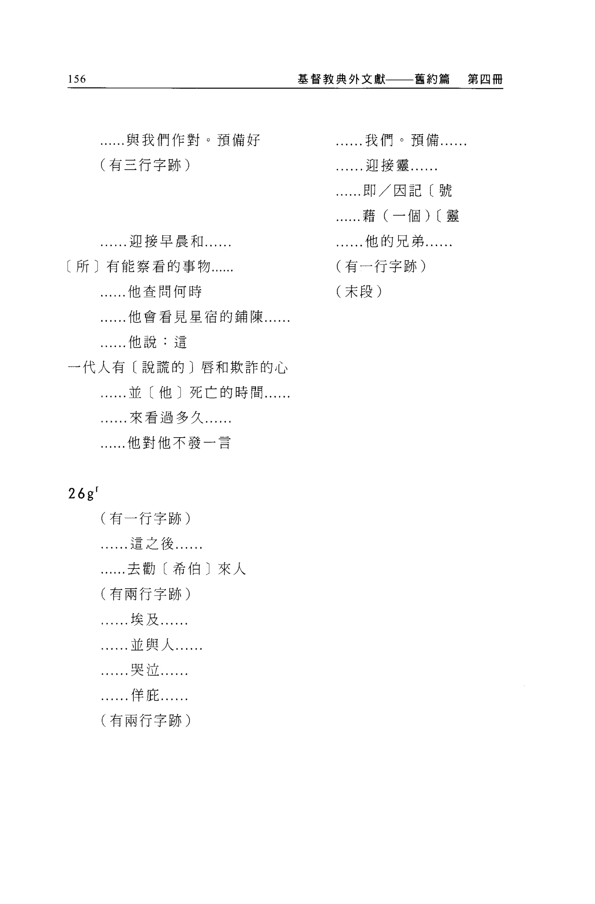 156                            基督教典外文獻       舊約篇      第四冊




        ......與我們作對。預備好           ......我們。預備......

        (有三行字跡)                   ......迎接靈......

                                  ......即/因記〔號

                                  ......藉(一個) [靈

        ......迎接早晨和....           ......他的兄弟...

〔所〕有能察看的事物......                  (有一行字跡)

          ...他查問何時                (末段)

          ...他會看見星宿的鋪陳......

         ....他說:這

一代人有〔說謊的〕唇和欺詐的心

          ...並〔他〕死亡的時間......

        ......來看過多久...

        ......他對他不發一言




26g f
        (有一行字跡)

         ....這之後......

        ......去勸〔希伯〕來人

        (有兩行字跡)

           ..埃及...

        ......並與人...

         ....哭泣...

        ......佯庇......

        (有兩行字跡)
 