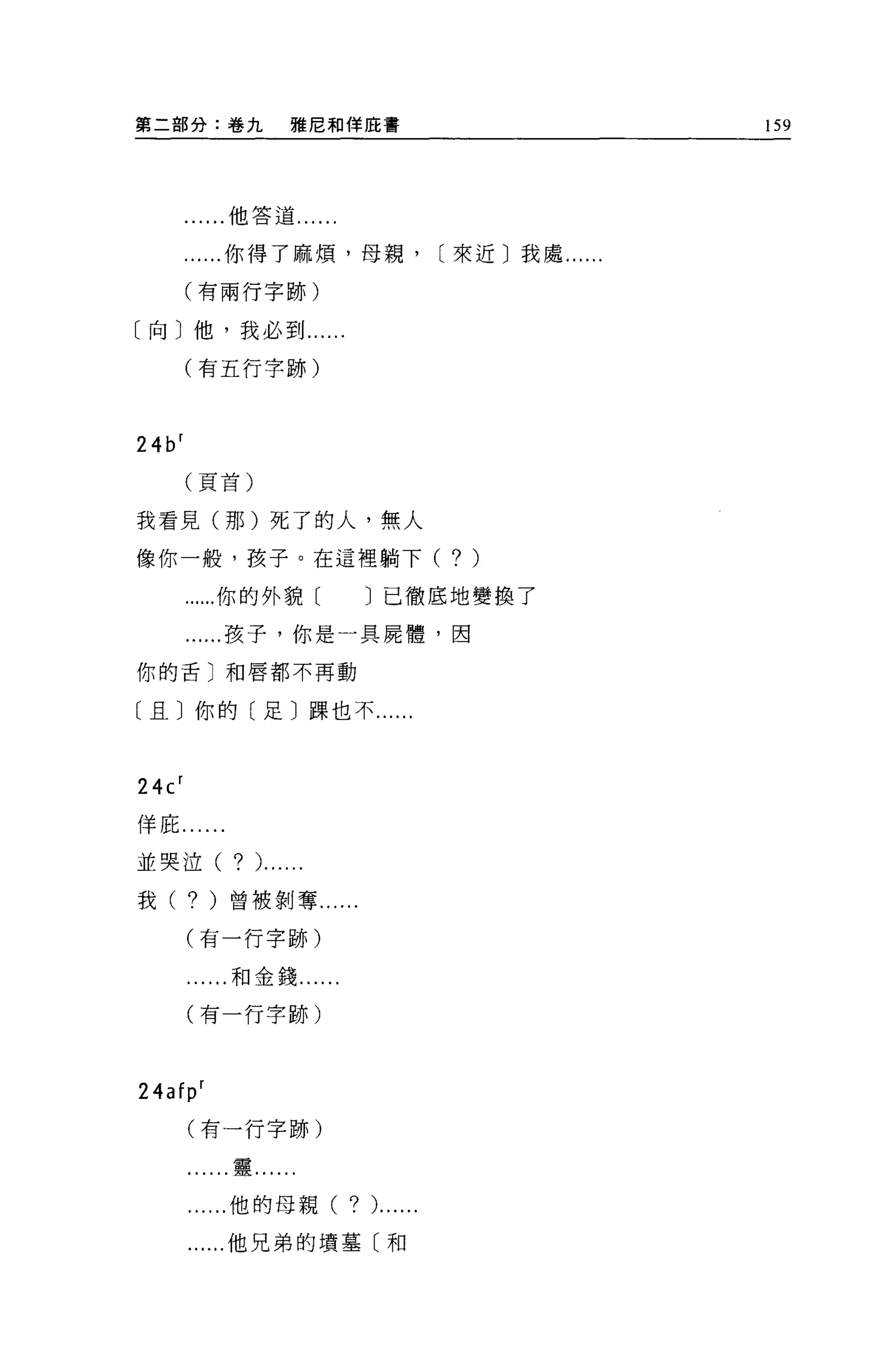 第二部分:卷九               雅尼和佯鹿書                         159




            ..他答道......

            ...你得了麻煩，母親，                (來近〕我處....

        (有兩行字跡)

〔向〕他，我必到...

        (有五行字跡)



24b r
        (頁首)


我看見(那)死了的人，無人

像你一般，孩子。在這裡躺下 (                         ?)
        ......你的外貌己徹底地變換了

        .....孩子，你是一具屍體，因

你的舌〕和唇都不再動


〔且〕你的〔足〕躁也不......



24(r
佯庇......

並哭泣(          ? ).... ..
我(      ?   )曾被剝奪....

        (有一行字跡)

            ...和金錢......

        (有一行字跡)



24af p r
        (有一行字跡)

        ......靈......

            ...他的母親(       ? ).... ..
        .....他兄弟的墳墓〔和
 