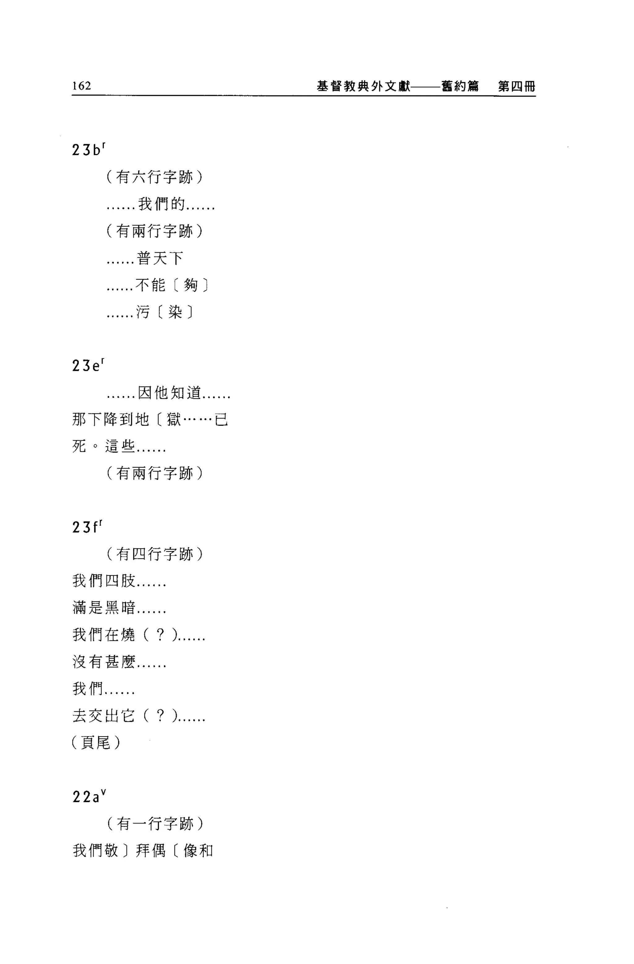 162                       基督教典外文獻   舊約篇   第四冊




23b r
        (有六行字跡)

         ...我們的....

        (有兩行字跡)

        ......普天下

         ...不能〔夠〕

         ....污〔染〕



23e r
          ..因他知道......

那下降到地〔獄......已

死。這些......

        (有兩行字跡)



23f r
        (有四行字跡)

我們四肢 ......

滿是黑暗......

我們在燒(        ? ). .....
沒有甚麼...

我們......

去交出它(        ? )......
(頁尾)



22a v
        (有一行字跡)

我們敬〕拜偶〔像和
 