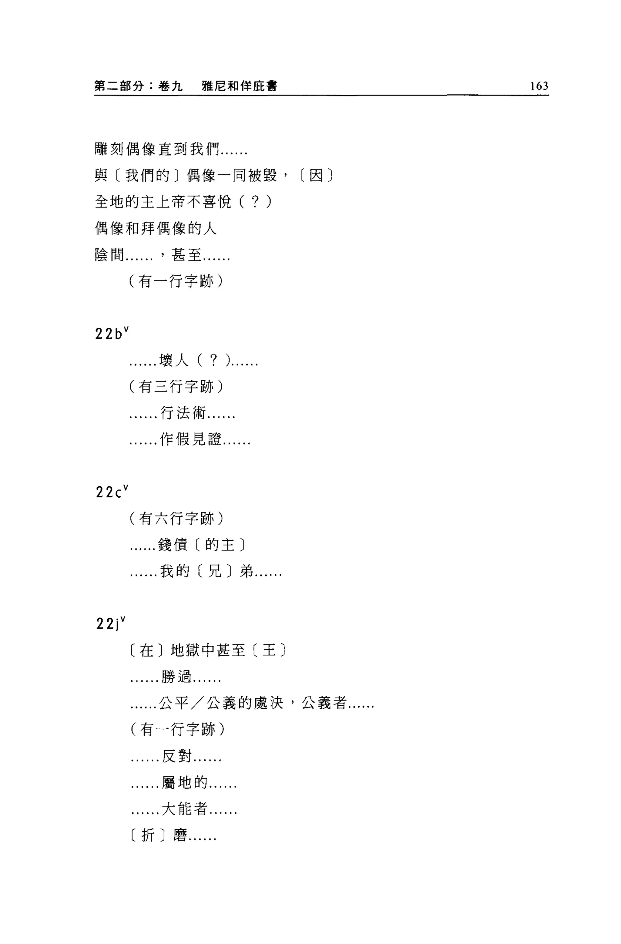 第二部分:卷九           雅尼和佯庇書                 163




雕刻偶像直到我們...

與〔我們的〕偶像一同被毀，                      [囡〕

全地的主上帝不喜悅(                   ? )
偶像和拜偶像的人

陰間甚至......

        (有一行字跡)



22b V
         ...壞人(       ? )......
        (有三行字跡)

          ..行法術......

          ..作假見證......



22c V
        (有六行字跡)

         ...錢債〔的主〕

          ...我的〔兄〕弟....



22jV
        〔在〕地獄中甚至〔王〕

        ......勝過...

        ......公平/公義的處決，公義者..，

        (有一行字跡)

           ..反對......

           ..屬地的......

        ......大能者......

        〔折〕磨......
 