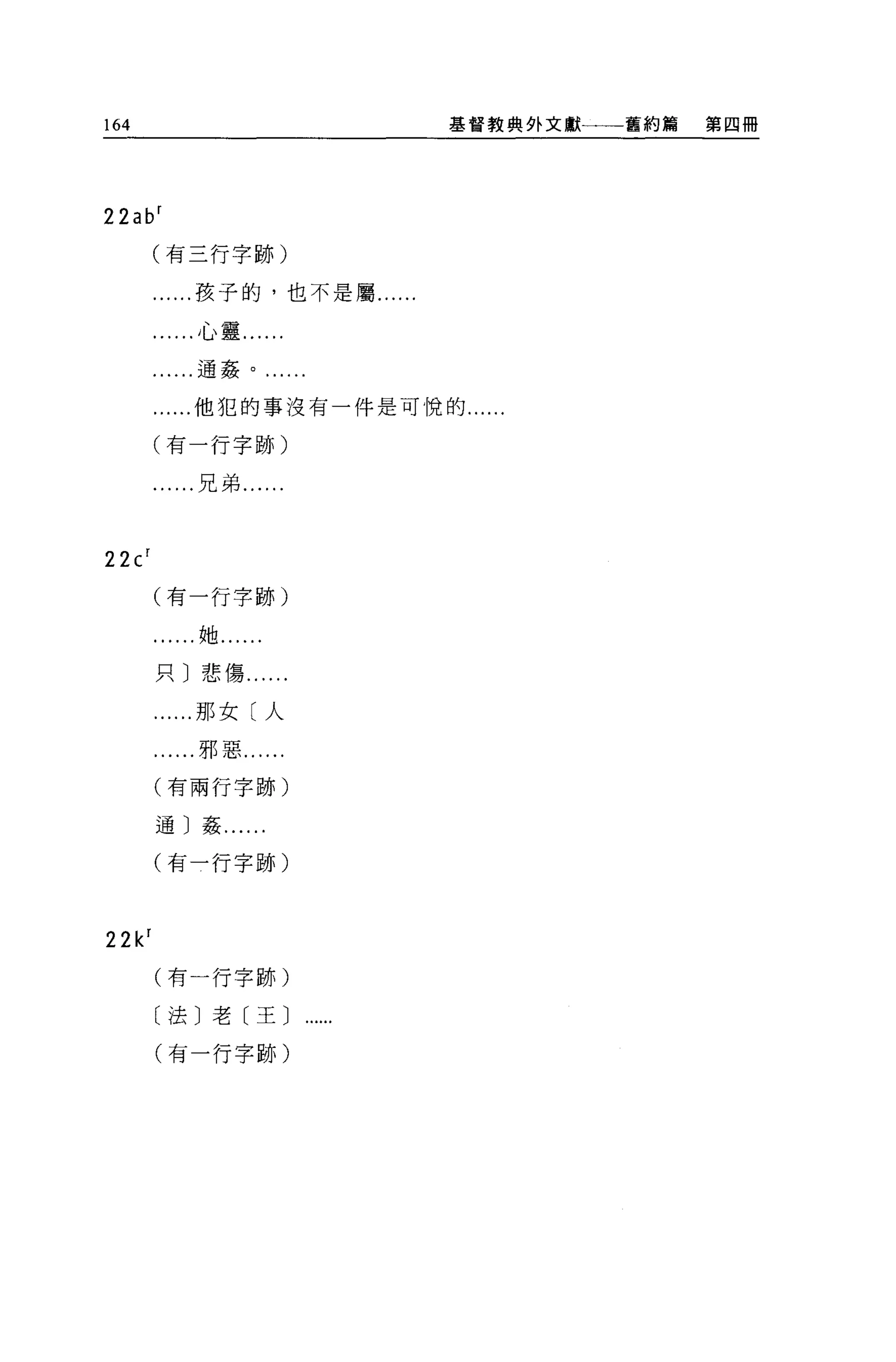 164                        基督教典外文獻一一一舊約篇   第四冊




22ab r
        (有三行字跡)

          ...孩子的，也不是屬...

        ......心靈......

          ...通姦。......

          ...他犯的事沒有一件是可悅的......

        (有一行字跡)

          ...兄弟......



22c r
        (有一行字跡)

           ..自由......

        只〕悲傷......

        ......那女〔人

        ......邪惡..，

        (有兩行字跡)

        通〕姦...

        (有一行字跡)



22k r
        (有一行字跡)

        〔法〕老〔王〕

        (有一行字跡)
 