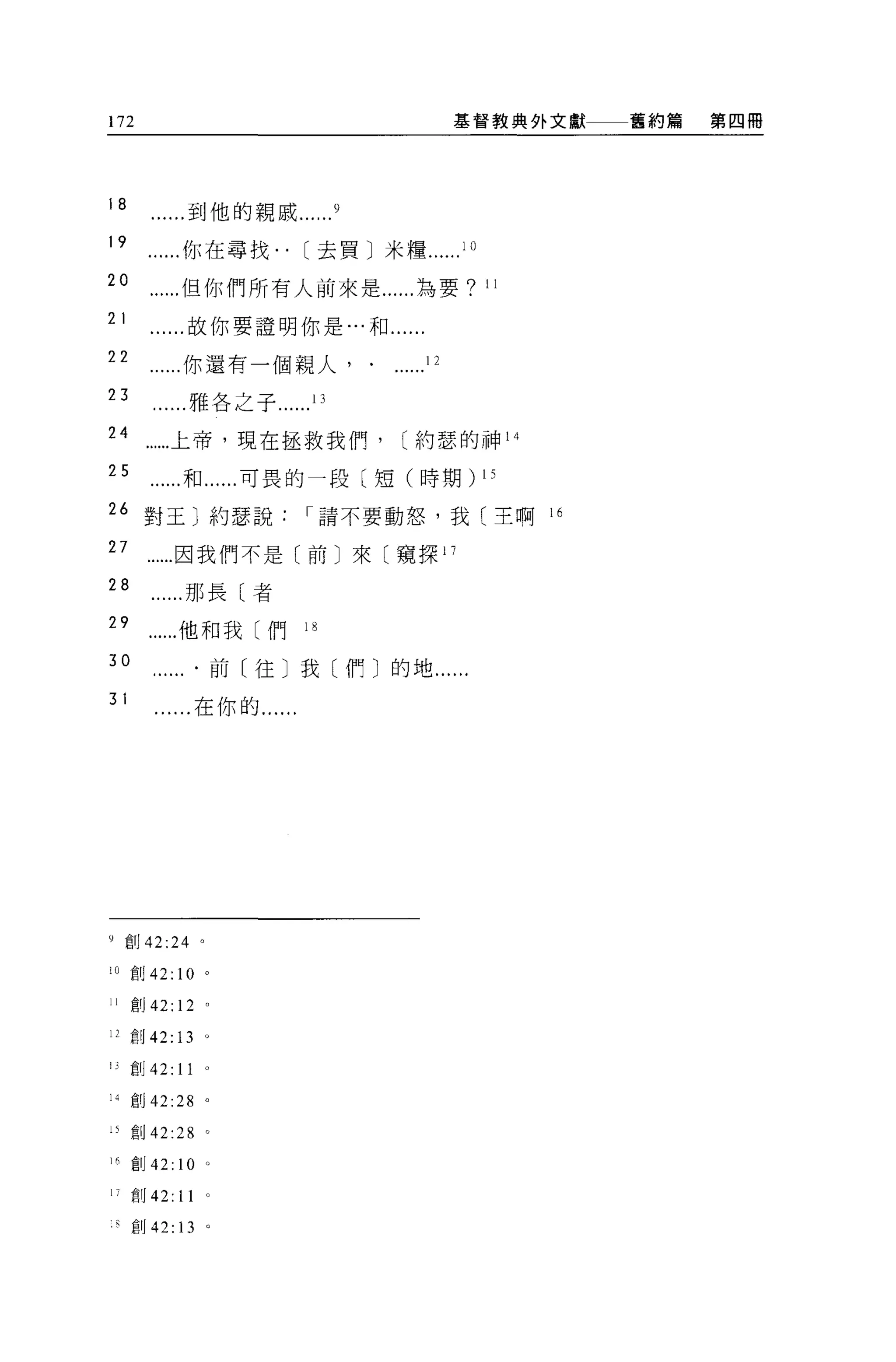 172                                      基督教典外文獻   舊約篇   第四悶




18            到他的親戚

19           你在尋找.. [去買〕米糧               10

20           但你們所有人前來是......為要?               11


21            故你要證明你是...和......

22           你還有一個親人                12
23            雅各之子            13

24         上帝，現在拯救我們，              [約瑟的神 14

25           和......可畏的一段〔短(時期)               15

26 對王〕約瑟說                    I 請不要動怒，我(主啊 16

27          因我們不是(前〕來〔窺探 17

28           那長〔者

29          他和我〔們            l自

30                   前〔往〕我〔們〕的地......

31               在你的......




9 自IJ 42:24 。

:0 創 42:    10   0




11   創 42: 12 。

12 創 42: 13 。

!3 創 42:    11   0




14 直Ij 42:28 。

15 創 42:28 。

16 自Ij   42: 10 。

17 創 42:    11

 只創 42: 13        。
 