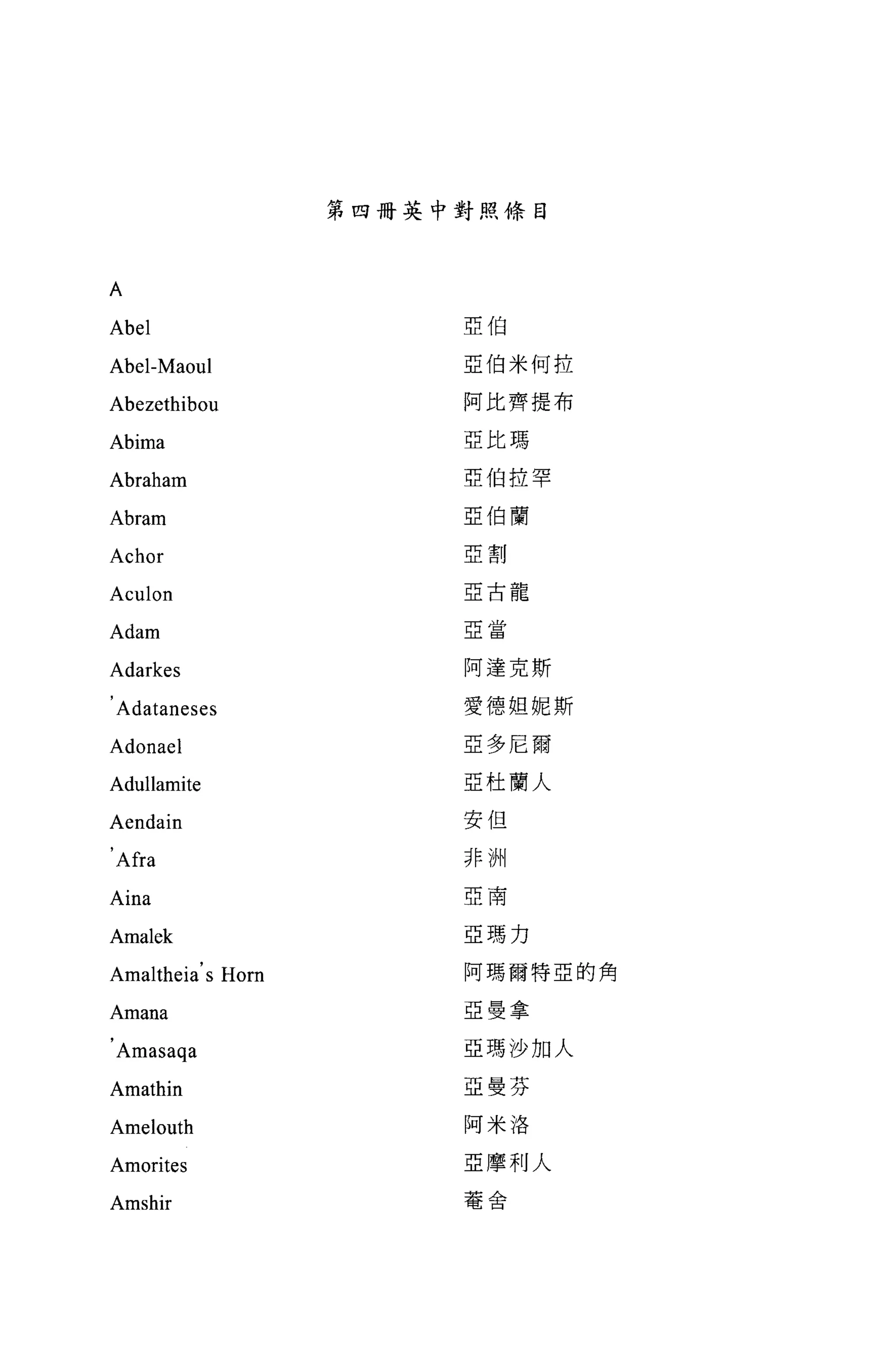 第四冊英中對照條目



A
                         亞伯
Abel
Abel-Maoul               亞伯米何拉


Abezethibou              阿比齊提布

Abima                    亞比瑪

Abraham                  亞伯拉罕

Abram                    亞伯蘭

                         亞割
Achor
Aculon                   亞古龍

                         亞當
Adam
Adarkes                  阿達克斯

, Adataneses             愛德姐妮斯

Adonael                  亞多尼爾

Adullamite               亞杜蘭人

Aendain                  安但

Afra                     非洲

                         亞南
Aina
Amalek                   亞瑪力

Amaltheia' s Horn        阿瑪爾特亞的角


Amana                    亞曼拿

' Amasaqa                亞瑪沙加人

Amathin                  亞曼芬

Amelouth                 阿米洛


Amorites                 亞摩利人
                         電舍
Amshir
 
