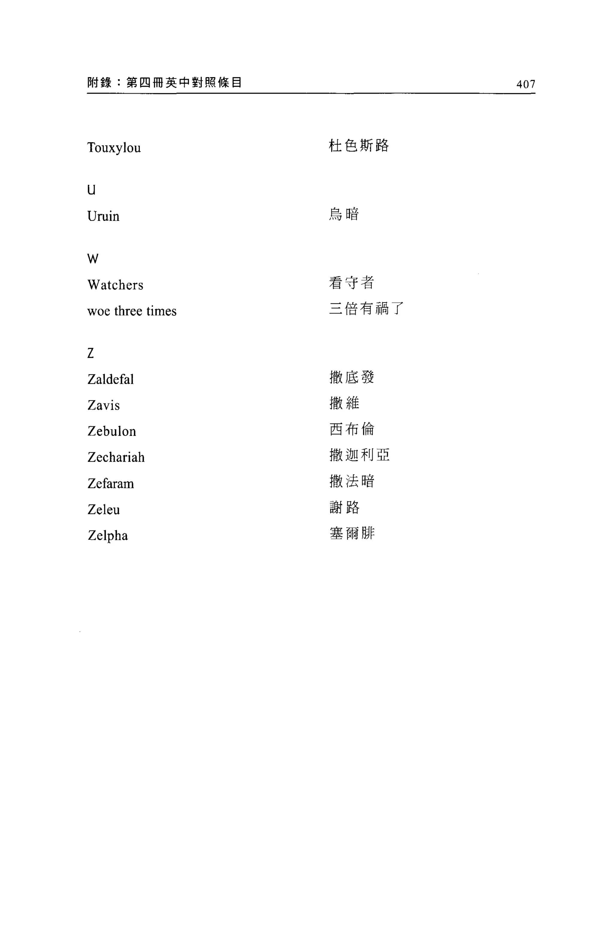 附錄:第四冊英中對照條目              407




Touxylou          杜色斯路


U
                  烏暗
Uruin


W
Watchers          看守者

                  三倍有禍了
woe three times


Z
Zaldefal          撒底發

Zavis             撒維
                  西布倫
Zebulon
                  撒迦利亞
Zechariah
                  撒法暗
Zefaram
Zeleu             謝路

Zelpha            塞爾排
 