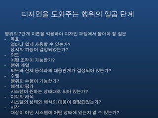 디자인을 도와주는 행위의 일곱 단계행위의 7단계 이론을 적용하여 디자인 과정에서 물어야 할 질문목표얼마나 쉽게 사용할 수 있는가?장치의 기능이 결정되었는가?