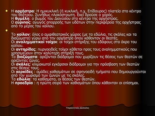 Η  ορχήστρα : Η ημικυκλική (ή κυκλική, π.χ. Επίδαυρος) πλατεία στο κέντρο του θεάτρου. Συνήθως πλακόστρωτη. Εκεί δρούσε ο χορός. Η  θυμέλη : ο βωμός του Διονύσου στο κέντρο της ορχήστρας. Ο  εύριπος : αγωγός απορροής των υδάτων στην περιφέρεια της ορχήστρας από το μέρος του κοίλου. Το  κοίλον : όλος ο αμφιθεατρικός χώρος (με τα εδώλια, τις σκάλες και τα διαζώματα) γύρω από την ορχήστρα όπου κάθονταν οι θεατές. Οι  αναλημματικοί τοίχοι : οι τοίχοι στήριξης του εδάφους στα άκρα του κοίλου. Οι  αντηρίδες : πυργοειδείς τοίχοι κάθετοι προς τους αναλημματικούς που χρησιμεύουν στην καλύτερη στήριξή τους. Τα  διαζώματα : οριζόντιοι διάδρομοι που χωρίζουν τις θέσεις των θεατών σε οριζόντιες ζώνες. Οι  σκάλες : κλιμακωτοί εγκάρσιοι διάδρομοι για την πρόσβαση των θεατών στις θέσεις τους. Οι  κερκίδες  : ομάδες καθισμάτων σε σφηνοειδή τμήματα που δημιουργούνται από τον χωρισμό των ζωνών με τις σκάλες. Τα  εδώλια : τα καθίσματα, οι θέσεις των θεατών. Η  προεδρία  : η πρώτη σειρά των καθισμάτων όπου κάθονταν οι επίσημοι. 