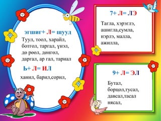 эгшиг+  Л = шууд Туул, тоол, харайл, ботгол, таргал, үнэл, дө рөөл, дөнгөл, даргал, ар гал, тариал 7+  Л =   Л Э   Тагла, хэрэглэ, ашигла,сумла, нэрлэ, малла, ажилла,  9+  Л =  Э Л   Бутал, борцол,тусал, давсал,тасал нясал, Ь+  Л =  И Л ханил, барил,сорил, 