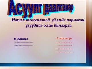 Ижил төгсгөлтэй үйлийг нэрлэсэн  үгүүдийг олж бичээрэй а. гуйжээ … ....................................................................................... б. мэдсэнгүй … .................. … .................. … .................. … .................. Асуулт даалгавар 