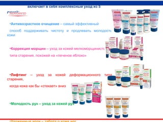 включает в себя комплексный уход из 5 линий: Антивозрастное очищение  – самый эффективный  способ поддерживать чистоту и продлевать молодость кожи Коррекция морщин  – уход за кожей мелкоморщинистого  типа старения, похожей на «печеное яблоко» Лифтинг  – уход за кожей деформационного типа старения,  когда кожа как бы «стекает» вниз Молодость рук – уход за кожей рук  Ухоженные ноги – забота о коже ног 