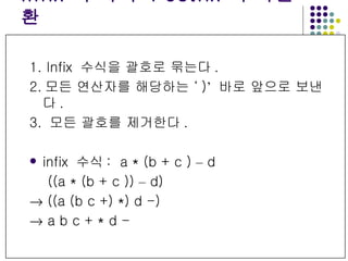Infix  수식의  Postfix  수식변환 1. Infix  수식을 괄호로 묶는다 . 2. 모든 연산자를 해당하는  ‘ ) ’   바로 앞으로 보낸다 . 3.  모든 괄호를 제거한다 . infix  수식 :  a * (b + c )  –  d ((a * (b + c ))  –  d)     ((a (b c +) *) d -)     a b c + * d - 