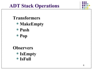 ADT Stack Operations Transformers  MakeEmpty  Push Pop Observers  IsEmpty IsFull 