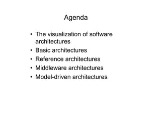 Agenda

•  The visualization of software
   architectures
•  Basic architectures
•  Reference architectures
•  Middleware architectures
•  Model-driven architectures
 