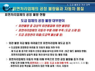 II. 도금 불량과 개선 대책

표면처리업체의 공정 불량율과 자동차 품질
표면처리업체의 공정 불량 현황

도금 업체의 공정 불량 대부분이
 외관불량 중 감성적 외관품질에 의한 불량임.
 표면처리업체의 자동차 부품 이해 부족 (도금 소재 등)

 도금 공정관리 미흡(도금액 불순물 등)
▷ 외관 불량 저감 활동 어려움으로 표면처리업체 재도금 증가
 도금업체 경영환경 어려움 및 자동차 품질 저하 우려
. 재 도금 품 증가로 자동차 신뢰성 품질(내식성)저하 우려 (최근 필드 클레임 현황)

. 표면처리업체의 실질적 품질 개선(내식성 향상 등) 활동 미흡

▷ 표면처리업체의 자동차 부품 이해 부족으로 인한 공정 불량율 증가 추세
. 부품 도면 이해 부족(표면처리 前/後 공정, 도금 소재 이해 부족 ex) 열처리, 도장 등)
. 표면처리 공정 특성을 고려하지 않은 부품 설계 :1차사, 자동차

 