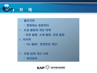 차

례

Ⅰ. 들어가며

: 변화하는 표면처리
Ⅱ. 도금 불량과 개선 대책

: 외관 불량, 소재 불량, 공정 불량
Ⅲ. 마치며
: No 불량! 경영환경 개선!
Ⅳ. 모범 업체 개선 사례
: 광성금속

 