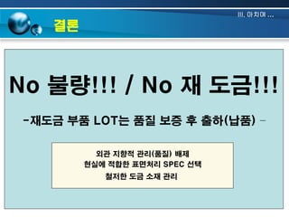 III. 마치며 …

결론

No 불량!!! / No 재 도금!!!
-재도금 부품 LOT는 품질 보증 후 출하(납품) –
외관 지향적 관리(품질) 배제
현실에 적합한 표면처리 SPEC 선택
철저한 도금 소재 관리

-

 