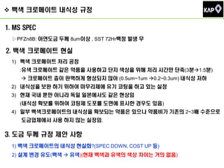  백색 크로메이트 내식성 규정
1. MS SPEC
▷PFZn8B: 아연도금 두께 8um이상 , SST 72Hr백청 발생 무

2. 백색 크로메이트 현실
1) 백색 크로메이트 처리 공정

:유색 크로메이트 같은 약품을 사용하고 단지 색상을 위해 처리 시간만 단축(3분1.5분)
 크로메이트 층이 완벽하게 형성되지 않아 (0.5um~1um 0.2~0.3um) 내식성 저하

2) 내식성을 보완 하기 위하여 마무리제에 유기 코팅을 하고 있는 실정
3) 현재 국내 뿐만 아니라 독일 일본에서도 같은 현상임

(내식성 확보를 위하여 코팅제 도포를 도면에 표시한 경우도 있음)
4) 일부 백색크로메이트의 내식성을 확보되는 약품은 있으나 약품비가 기존의 2~3배 수준으로

도금업체에서 사용 하지 않는 실정임.

3. 도금 두께 규정 제안 사항
1) 백색 크로메이트의 내식성 현실화?(SPEC DOWN, COST UP 등)
2) 설계 변경 유도(백색  유색)(현재 백색과 유색의 색상 차이는 거의 없음)

 