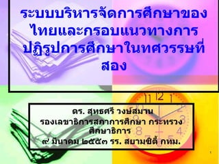 ระบบบริหารจัดการศึกษาของไทยและกรอบแนวทางการปฏิรูปการศึกษาในทศวรรษที่สอง ดร .   สุทธศรี วงษ์สมาน รองเลขาธิการสภาการศึกษา กระทรวงศึกษาธิการ   ๙ มีนาคม ๒๕๕๓ รร .  สยามซิตี้ กทม . 