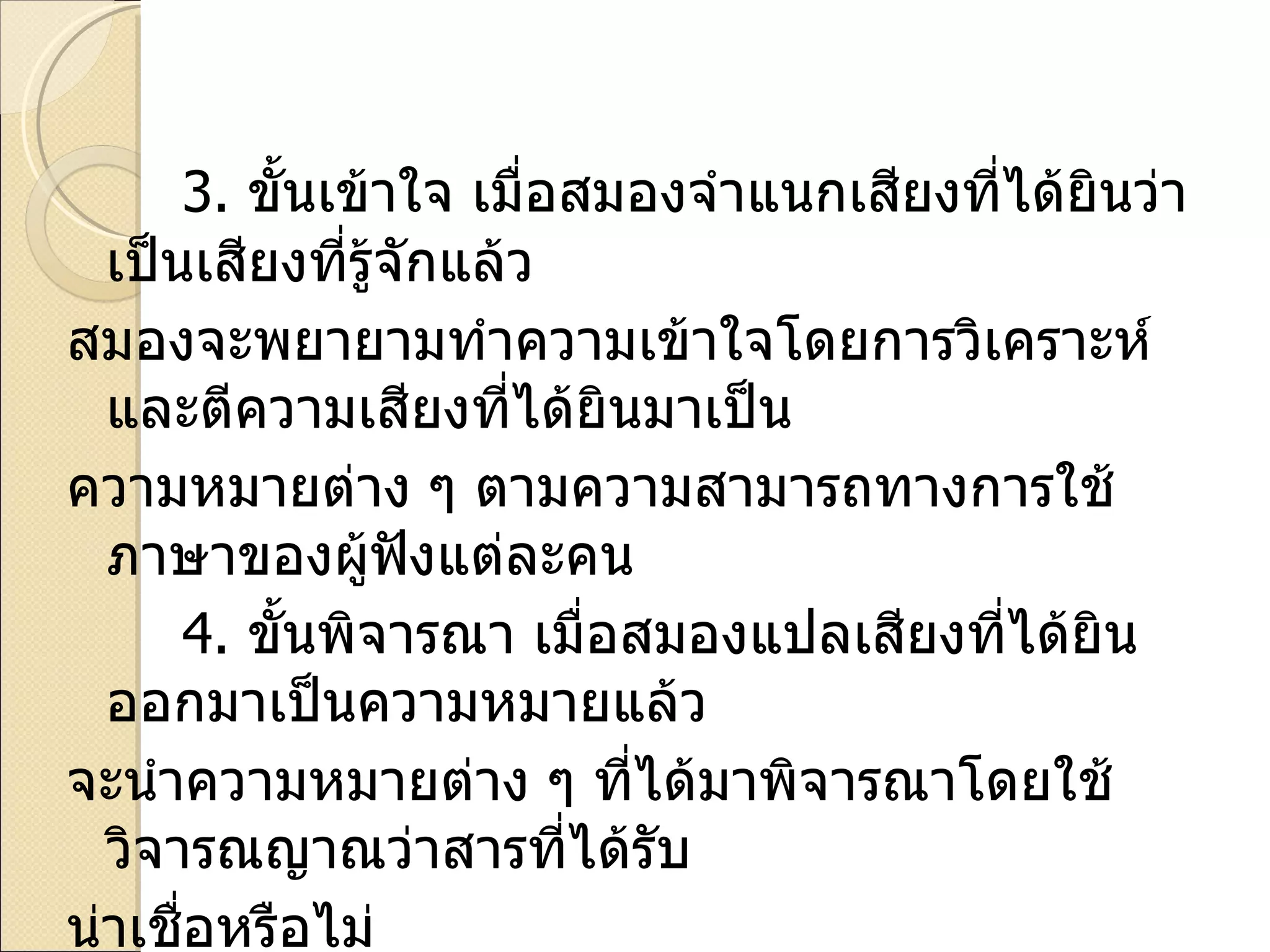 3.  ขั้นเข้าใจ เมื่อสมองจำแนกเสียงที่ได้ยินว่าเป็นเสียงที่รู้จักแล้ว  สมองจะพยายามทำความเข้าใจโดยการวิเคราะห์และตีความเสียงที่ได้ยินมาเป็น ความหมายต่าง ๆ ตามความสามารถทางการใช้ภาษาของผู้ฟังแต่ละคน 4.   ขั้นพิจารณา เมื่อสมองแปลเสียงที่ได้ยินออกมาเป็นความหมายแล้ว  จะนำความหมายต่าง ๆ ที่ได้มาพิจารณาโดยใช้วิจารณญาณว่าสารที่ได้รับ น่าเชื่อหรือไม่ 5.   ขั้นนำไปใช้ ผู้ฟังจะนำความรู้ความเข้าใจที่ได้จากการฟังไปใช้ให้เกิด ประโยชน์ต่อตนเองต่อไป 