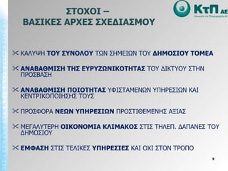ΣΤΟΧΟΙ –  ΒΑΣΙΚΕΣ ΑΡΧΕΣ ΣΧΕΔΙΑΣΜΟΥ ΚΑΛΥΨΗ  ΤΟΥ ΣΥΝΟΛΟΥ  ΤΩΝ ΣΗΜΕΙΩΝ ΤΟΥ  ΔΗΜΟΣΙΟΥ ΤΟΜΕΑ   ΑΝΑΒΑΘΜΙΣΗ ΤΗΣ ΕΥΡΥΖΩΝΙΚΟΤΗΤΑΣ  ΤΟΥ ΔΙΚΤΥΟΥ   ΣΤΗΝ ΠΡΟΣΒΑΣΗ  ΑΝΑΒΑΘΜΙΣΗ   ΠΟΙΟΤΗΤΑΣ  ΥΦΙΣΤΑΜΕΝΩΝ ΥΠΗΡΕΣΙΩΝ ΚΑΙ ΚΕΝΤΡΙΚΟΠΟΙΗΣΗΣ ΤΟΥΣ ΠΡΟΣΦΟΡΑ  ΝΕΩΝ ΥΠΗΡΕΣΙΩΝ  ΠΡΟΣΤΙΘΕΜΕΝΗΣ ΑΞΙΑΣ ΜΕΓΑΛΥΤΕΡΗ  ΟΙΚΟΝΟΜΙΑ ΚΛΙΜΑΚΟΣ  ΣΤΙΣ ΤΗΛΕΠ. ΔΑΠΑΝΕΣ ΤΟΥ ΔΗΜΟΣΙΟΥ ΕΜΦΑΣΗ  ΣΤΙΣ ΤΕΛΙΚΕΣ  ΥΠΗΡΕΣΙΕΣ  ΚΑΙ ΟΧΙ ΣΤΟΝ ΤΡΟΠΟ 