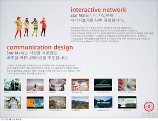 interactive network
                           Star Mars
                                                                      .
                                                                               .
                                                                                       .
                                                       (      )
                                 (           ),                                    ,
                                       (               )                                           .
                                 Star Mars                        .


communication design
Star Mars
                       .
                             .

               ,
                   .




                                                   3   OECD




                                                  2009GEW                 CF

                                                                                           Star Mars Inc.
                                                                                           www.starmars.kr

	    	    	 
 