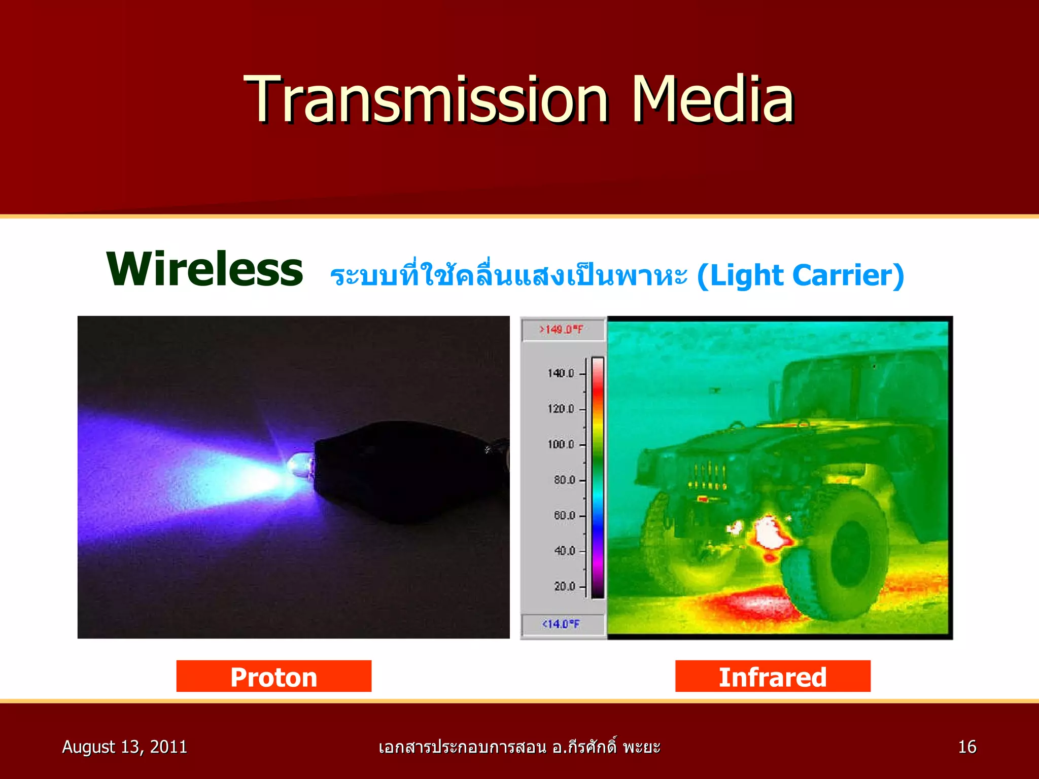 Transmission Media Wireless ระบบที่ใช้คลื่นแสงเป็นพาหะ  ( Light Carrier ) Infrared Proton 