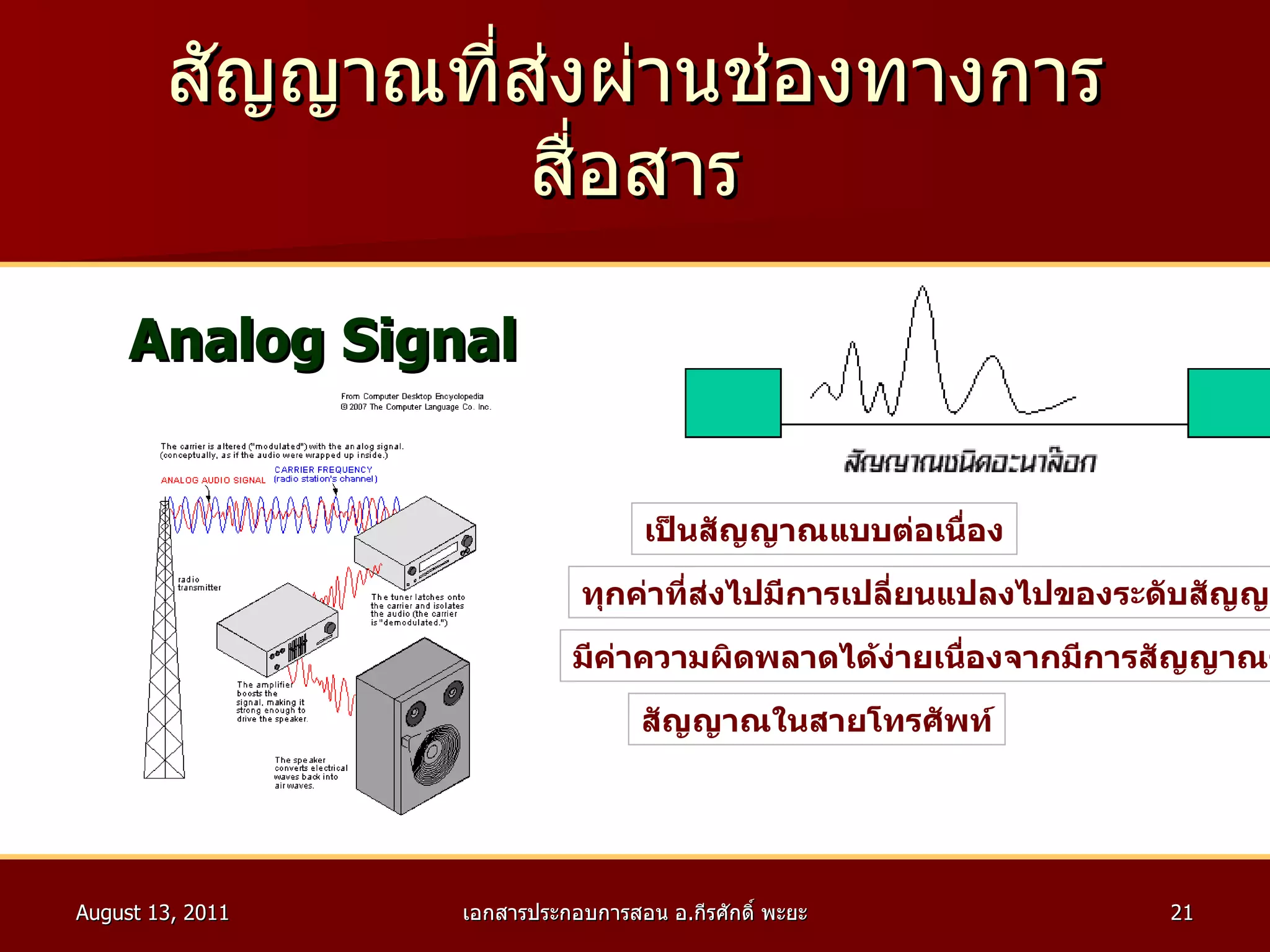 สัญญาณที่ส่งผ่านช่องทางการสื่อสาร Analog Signal มีค่าความผิดพลาดได้ง่ายเนื่องจากมีการสัญญาณรบกวน เป็นสัญญาณแบบต่อเนื่อง ทุกค่าที่ส่งไปมีการเปลี่ยนแปลงไปของระดับสัญญาณ สัญญาณในสายโทรศัพท์ 