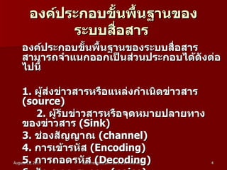 องค์ประกอบขั้นพื้นฐานของระบบสื่อสาร  องค์ประกอบขั้นพื้นฐานของระบบสื่อสาร สามารถจำแนกออกเป็นส่วนประกอบได้ดังต่อไปนี้ 1 .  ผู้ส่งข่าวสารหรือแหล่งกำเนิดข่าวสาร  ( source )      2 .  ผู้รับข่าวสารหรือจุดหมายปลายทางของข่าวสาร  ( Sink )  3 .  ช่องสัญญาณ  ( channel )        4 .  การเข้ารหัส  ( Encoding )  5 .  การถอดรหัส  ( Decoding )  6 .  สัญญาณรบกวน  ( noise )   