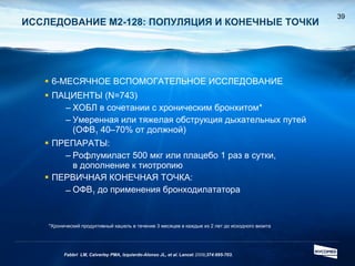 Fabbri  LM, Calverley PMA, Izquierdo-Alonso JL, et al.  Lancet   2009 ;374:695-703. 6-МЕСЯЧНОЕ ВСПОМОГАТЕЛЬНОЕ ИССЛЕДОВАНИЕ ПАЦИЕНТЫ  (N=743) ХОБЛ в сочетании с хроническим бронхитом * Умеренная или тяжелая обструкция дыхательных путей   (ОФВ 1  40–70%  от должной ) ПРЕПАРАТЫ : Рофлумиласт 500 мкг или плацебо 1 раз в сутки,  в дополнение к тиотропию   ПЕРВИЧНАЯ КОНЕЧНАЯ ТОЧКА : ОФВ 1  до применения бронходилататора ИССЛЕДОВАНИЕ  M2-128 : ПОПУЛЯЦИЯ И КОНЕЧНЫЕ ТОЧКИ *Хронический продуктивный кашель в течение 3 месяцев в каждые из 2 лет до исходного визита 