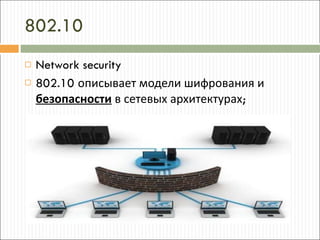 802.10 Network security 802.10  описывает модели шифрования и  безопасности  в сетевых архитектурах ; 