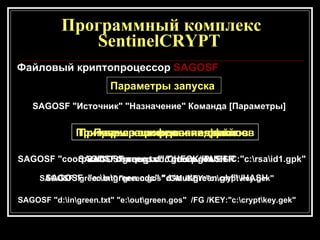 Программный комплекс SentinelCRYPT  Файловый криптопроцессор  SAGOSF   Параметры запуска  SAGOSF "Источник" "Назначение" Команда [Параметры]   Примеры зашифрования файлов   SAGOSF "green.txt" "green.gos" /SR   SAGOSF "green.txt" "green.gos" /GM /KEY:"c:\crypt\key.gek"  SAGOSF "d:\in\green.txt" "e:\оut\green.gos"  /FG /KEY:"c:\crypt\key.gek"   Примеры хеширования файлов   SAGOSF cооrp.cdc cооrp /HASH   SAGOSF  "e:\in\green.cdc" "d:\оut\green.ghf" /HASH   Пример проверки подписи SAGOSF "cооrp.cdc" "cооrp.gss" /CHECK /PUBLIC:"c:\rsa\id1.gpk"   