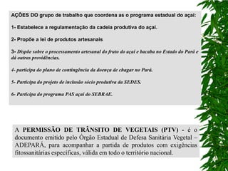 AÇÕES DO grupo de trabalho que coordena as o programa estadual do açaí:

1- Estabelece a regulamentação da cadeia produtiva do açaí.

2- Propõe a lei de produtos artesanais

3- Dispõe sobre o processamento artesanal do fruto do açaí e bacaba no Estado do Pará e
dá outras providências.

4- participa do plano de contingência da doença de chagar no Pará.

5- Participa do projeto de inclusão sócio produtiva da SEDES.

6- Participa do programa PAS açaí do SEBRAE.




 A PERMISSÃO DE TRÂNSITO DE VEGETAIS (PTV) - é o
 documento emitido pelo Órgão Estadual de Defesa Sanitária Vegetal –
 ADEPARÁ, para acompanhar a partida de produtos com exigências
 fitossanitárias específicas, válida em todo o território nacional.
 