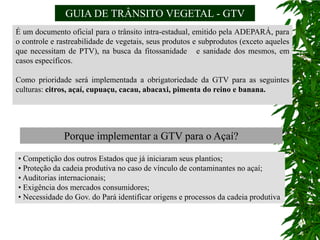 GUIA DE TRÂNSITO VEGETAL - GTV
É um documento oficial para o trânsito intra-estadual, emitido pela ADEPARÁ, para
o controle e rastreabilidade de vegetais, seus produtos e subprodutos (exceto aqueles
que necessitam de PTV), na busca da fitossanidade e sanidade dos mesmos, em
casos específicos.

Como prioridade será implementada a obrigatoriedade da GTV para as seguintes
culturas: citros, açaí, cupuaçu, cacau, abacaxi, pimenta do reino e banana.




               Porque implementar a GTV para o Açaí?

• Competição dos outros Estados que já iniciaram seus plantios;
• Proteção da cadeia produtiva no caso de vínculo de contaminantes no açaí;
• Auditorias internacionais;
• Exigência dos mercados consumidores;
• Necessidade do Gov. do Pará identificar origens e processos da cadeia produtiva
 