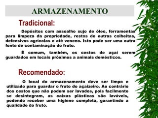 ARMAZENAMENTO
     Tradicional:
       Depósitos com assoalho sujo de óleo, ferramentas
para limpeza da propriedade, restos de outras colheitas,
defensivos agrícolas e até veneno. Isto pode ser uma outra
fonte de contaminação do fruto.
      É comum, também, os cestos de açaí serem
guardados em locais próximos a animais domésticos.



     Recomendado:
        O local do armazenamento deve ser limpo e
utilizado para guardar o fruto do açaizeiro. Ao contrário
dos cestos que não podem ser lavados, pois facilmente
se desintegram, as caixas plásticas são laváveis,
podendo receber uma higiene completa, garantindo a
qualidade do fruto.
 