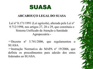 SUASA
       ARCABOUÇO LEGAL DO SUASA

Lei nº 8.171/1991 (Lei agrícola), alterada pela Lei nº
9.712/1998, nos artigos 27, 28 e 29, que constituiu o
     Sistema Unificado de Atenção a Sanidade
                  Agropecuária -

Decreto nº 5.741/2006, que regulamentou o
SUASA.
Instrução Normativa do MAPA nº 19/2006, que
definiu os procedimentos para adesão dos entes
federados ao SUASA.
 