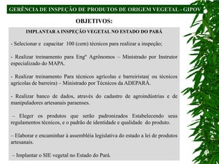GERÊNCIA DE INSPEÇÃO DE PRODUTOS DE ORIGEM VEGETAL - GIPOV

                             OBJETIVOS:
      IMPLANTAR A INSPEÇÃO VEGETAL NO ESTADO DO PARÁ

- Selecionar e capacitar 100 (cem) técnicos para realizar a inspeção;

- Realizar treinamento para Engº Agrônomos – Ministrado por Instrutor
especializado do MAPA.

- Realizar treinamento Para técnicos agrícolas e barreiristas( ou técnicos
agrícolas de barreira) – Ministrado por Técnicos da ADEPARÁ.

- Realizar banco de dados, através do cadastro de agroindústrias e de
manipuladores artesanais paraenses.

 – Eleger os produtos que serão padronizados Estabelecendo seus
regulamentos técnicos, e o padrão de identidade e qualidade do produto.

– Elaborar e encaminhar à assembléia legislativa do estado a lei de produtos
artesanais.

– Implantar o SIE vegetal no Estado do Pará.
 