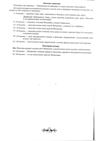 QrrHcaHHe     ,l.J;BIDKeHHH

     Y'faCTBYIOT ,[(Be ,I(eBO'lKH -   «MaTpeIUKHHa         'fallHHKaX» H O,[(HHMaJIb'fHK C 6aJIaJIallKOM.
    )],0 Ha'faJIa My3bIKH HCIIOJIHHTeJIU BbIXO,[(5IT IIeHTp 3aJIa H 3aHHMaIOT HCXO,[(HOe1I0JIQ)KeHHe: ,[(e-
                                                   B
BO'fKH 110 06e CTOpOHbI OT MaJIb'lHKa.       i .

     1-8 maKmbt -,I(eBO'lKH        «lIbIOT 'faM», HaKJIOH5I5ICbK 6JIIO,I(IIY,3aTeM KHBaIOT ,[(pyr ,[(pyry.

                   )],BIDKemre    ItoBTOp5IeTC5I     2 pa3a, 3aTeM ,[(eBO'lKH KJIaH5IIOTC5I,[(pyr ,I(pyry. MaJlb'fI1K
                   B 3TO BpeM5I HrpaeT Ha 6aJIaJIallKe.

     9-12 maKmbt - MaJIb'lHK, OTJIO.IKH.BaJIaJIallKY, IlJI5IlUeT BIIPHCMKY. •
                                        6

     13-14 maKmbl --      MaJIb'fHK 1I0,[(aeT PYKY O,[(HOll MaTpelUKe,             «CHHMaeT ee C 'faMHHKa».

     15-16 maKmbt -       MaJIb'fHK 1I0,[(aeT pyKy ,[(pyrOll MaTpclUKe.

     17-18 maKmbt -        MaJIb'fHK BCTaeT B u,eHTpe 3aJIa, PYKH Ha 1I05Ice, ,[(eBO'fKH 6epYT ero 110,[(PYKI1,
                              PMOM.
                   CTaHOB5ITC5I

     19-22 maKmbt -        ,[(eTH np0,I(BI1raIOTC5I Bllepe,I( K 3pHTeJI5IM «BepeBO'fKoll»,             Ha 1I0CJIe,[(HI1ll TaKT
                   ,[(eJIaIOT TpI1 IIpI1TOlla.

     23-26 maKmbt -       ,[(eTI1OTXO,[(5IT a3a,[( «BepeBO'fKoli»,
                                          H                                 B KOHIIe ¢pa3bI   BbIlIOJIH5IIOTTpI1l1pI1TOlla.

                                                   llOBTopeHHe        M)'3hIKH

     n.n.   MaJIb'fHK ,I(ep)KI1T 3a pyKH ,[(Byx MaTpelUeK,            coe,[(I1HeHHble pyKH nO,[(H5ITbI«BopOTI1KaMI1».

     19-22 maKmbt -       MaTpelUKa,     CT05IlIl;a5I lIpaBa OT MaJIh'fI1Ka, KPY.IKH.TC5I
                                                    c                                  110,[(PYKOll Ha 1I0,[(CKOKax.

     23-26 maKmbt -       TO 2Ke BhIlIOJIH5IeT,I(pyra5I          MaTpelUKa.




                                                     ~.*
                                                      .
                                                                 18
                                                           T. ~. CYBOPOBA
 